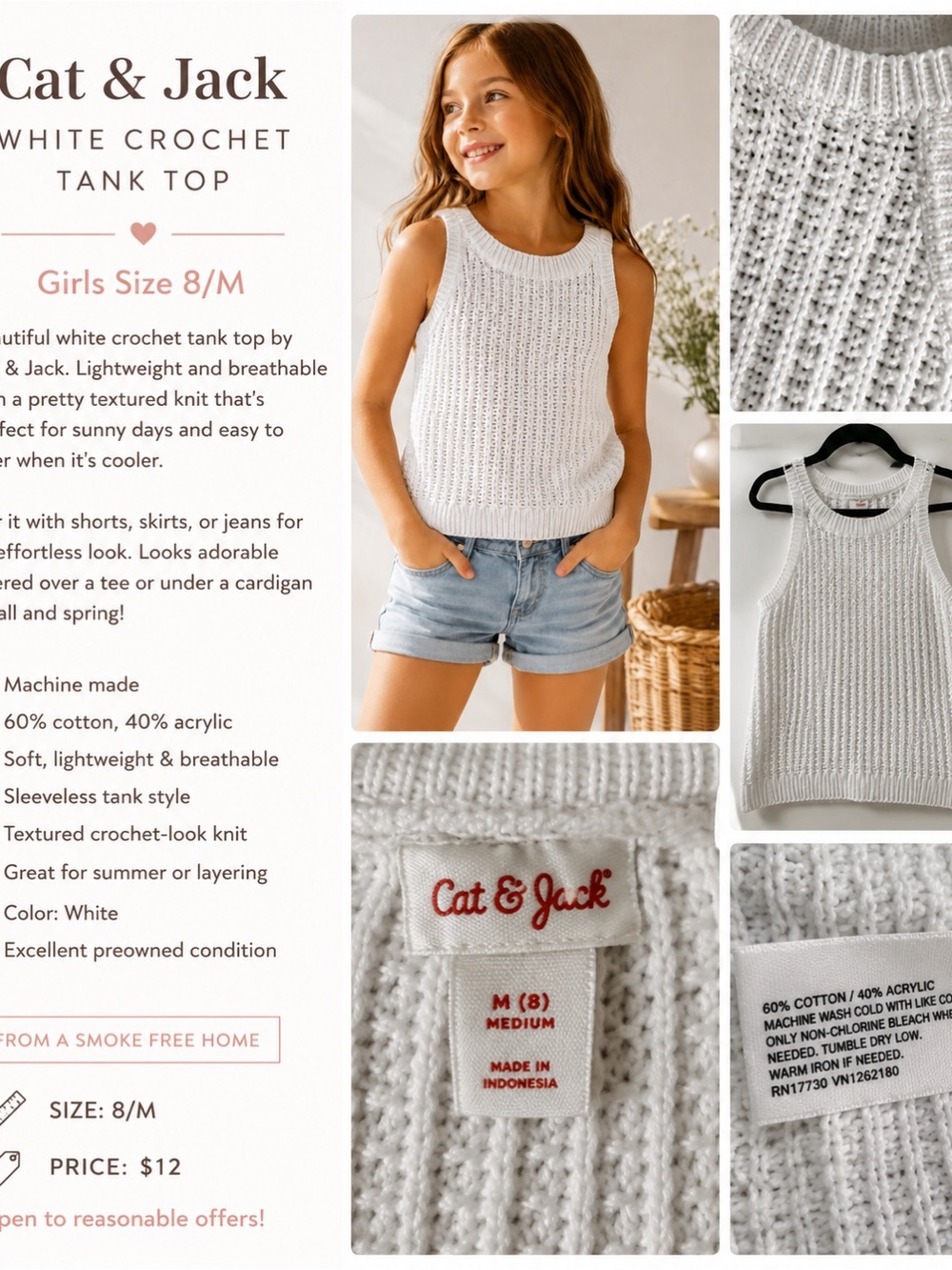 Cat & Jack White Crochet Tank Top Girls Size 8/M Summer Boho Knit